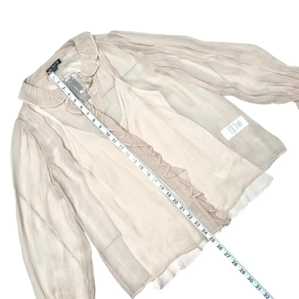 J. Crew | Women | Tan Ruffle Sheer Crinkle Chiffon Button Up Blouse | Sz 2